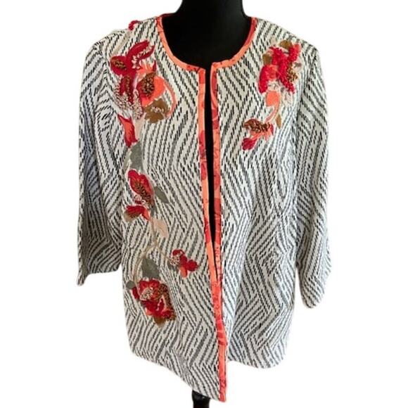 Chico’s Open Front Embroidered Jacket Size 2P Petite (US 12P) Boho Floral Accent - Picture 1 of 7